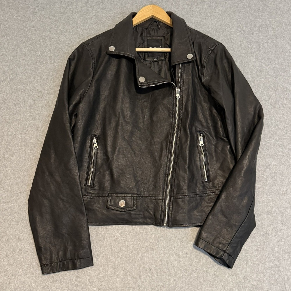 Me Jane Faux Leather Moto Jacket Black Asymmetrical Zip Biker Motorcycle Coat L